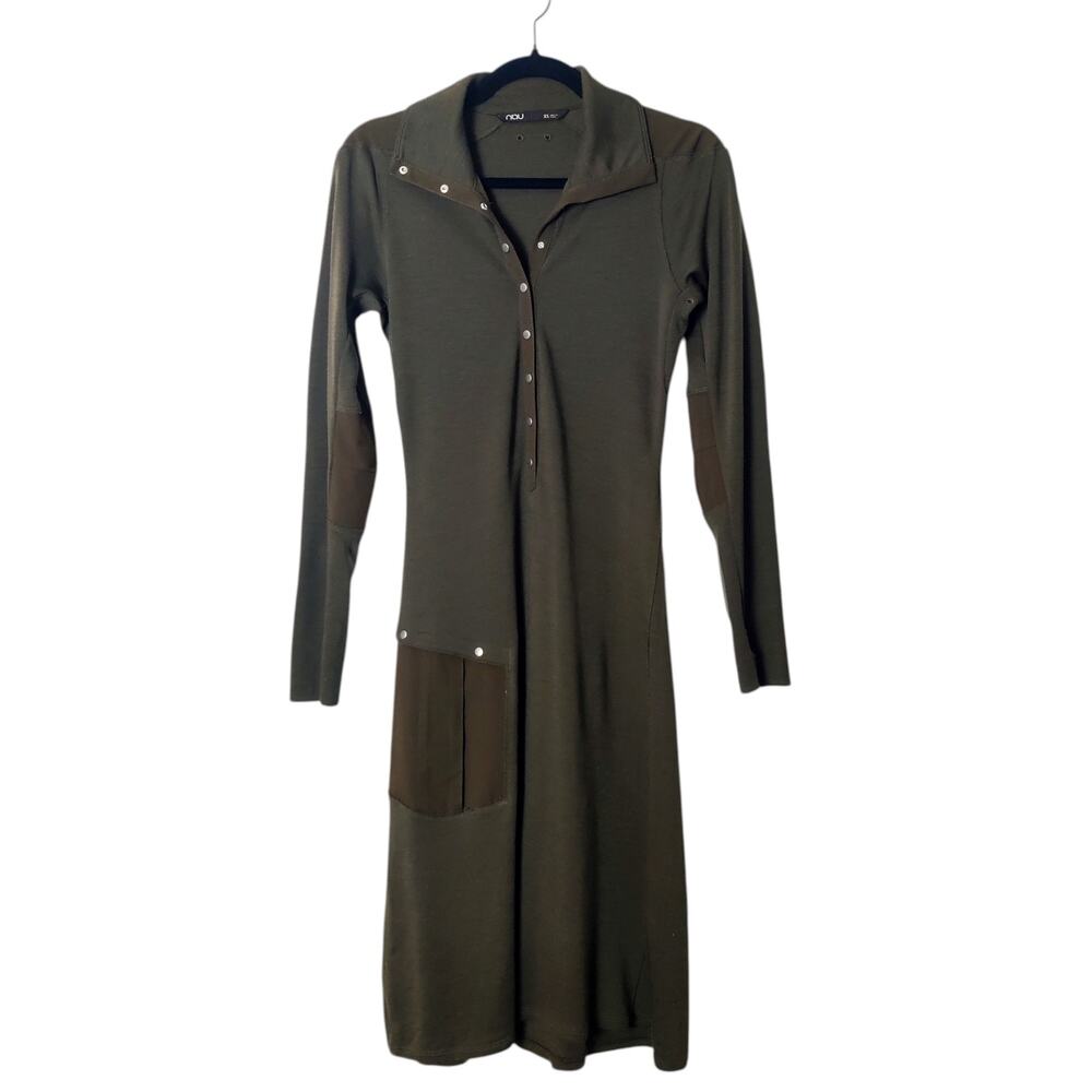 Nau Merino Wool Long Sleeve Utility Midi Dress Army Green XS Military Inspired
